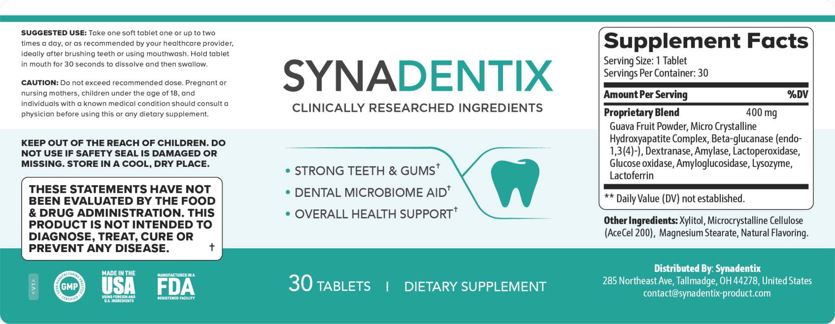 Synadentix supplement facts label